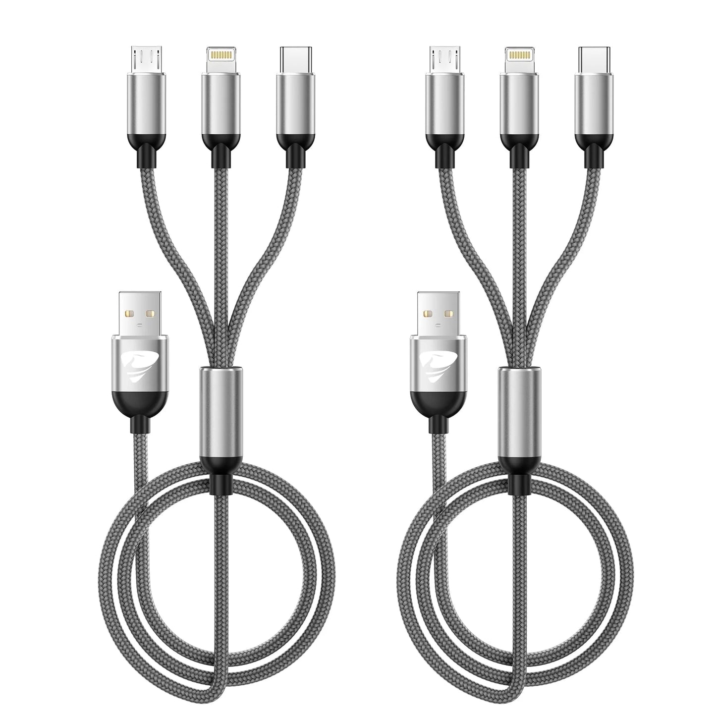 2 Pack Multi Charging Cable, 3 in 1 Phone Charger Cord Fast Charging with Micro USB, USB C Cables Compatible with Iphone/Ipad/Samsung, Gray