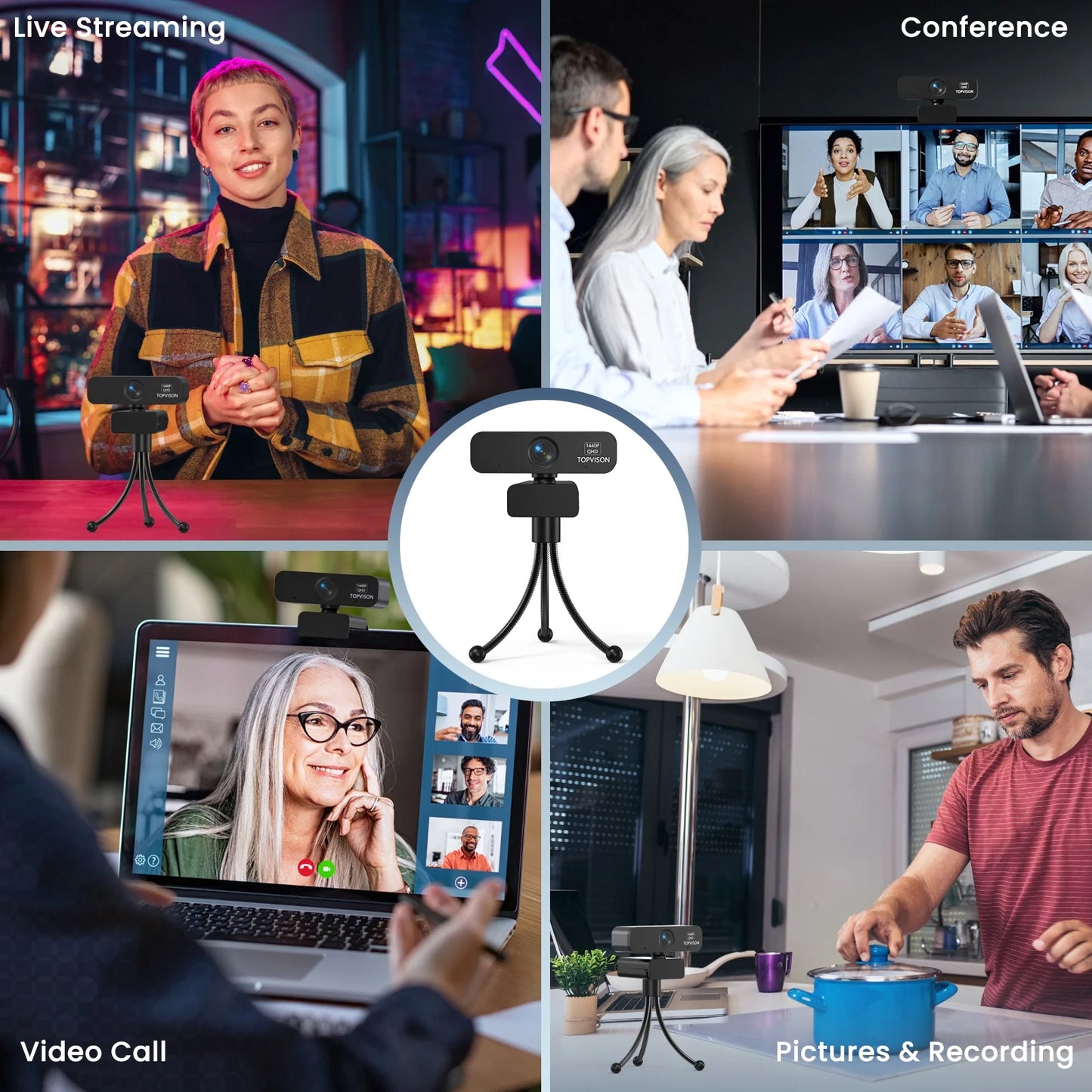 2K Webcams with Tripod (Stand), Black, New