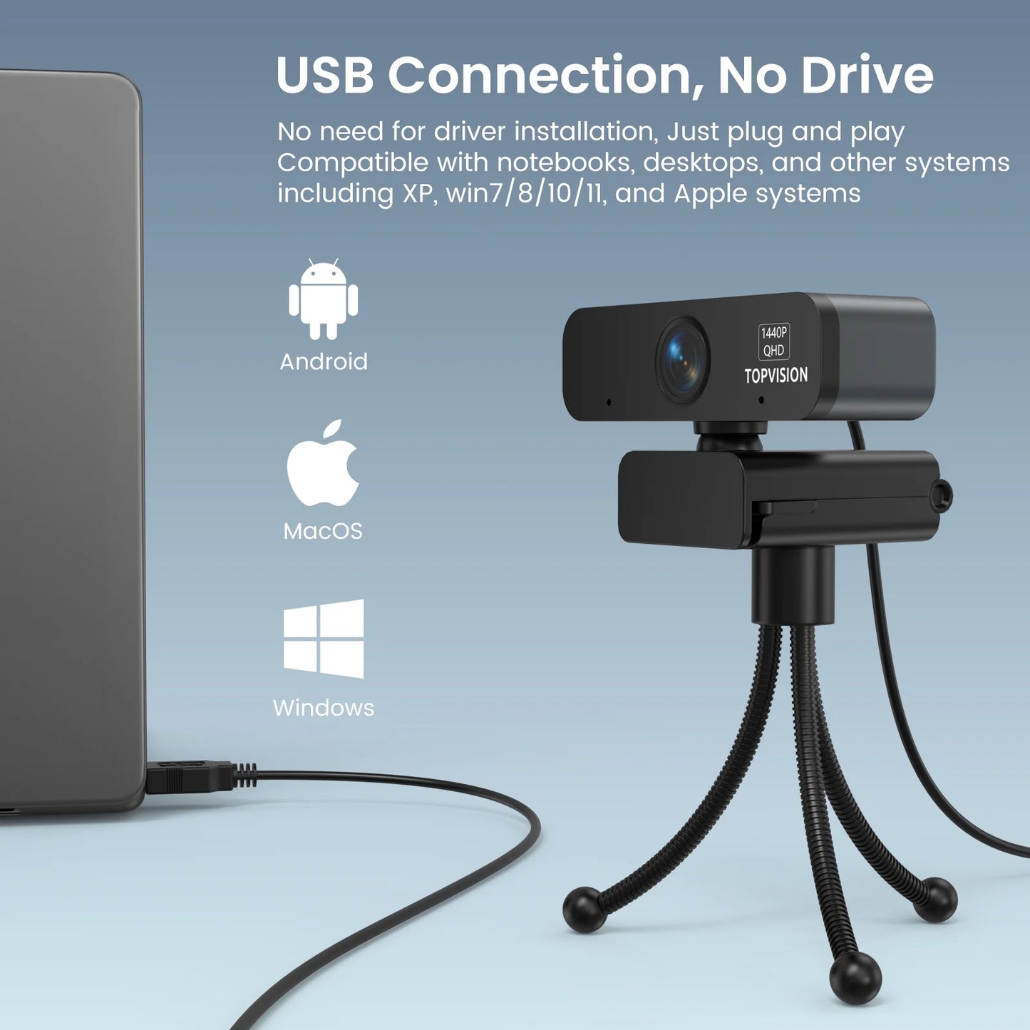 2K Webcams with Tripod (Stand), Black, New