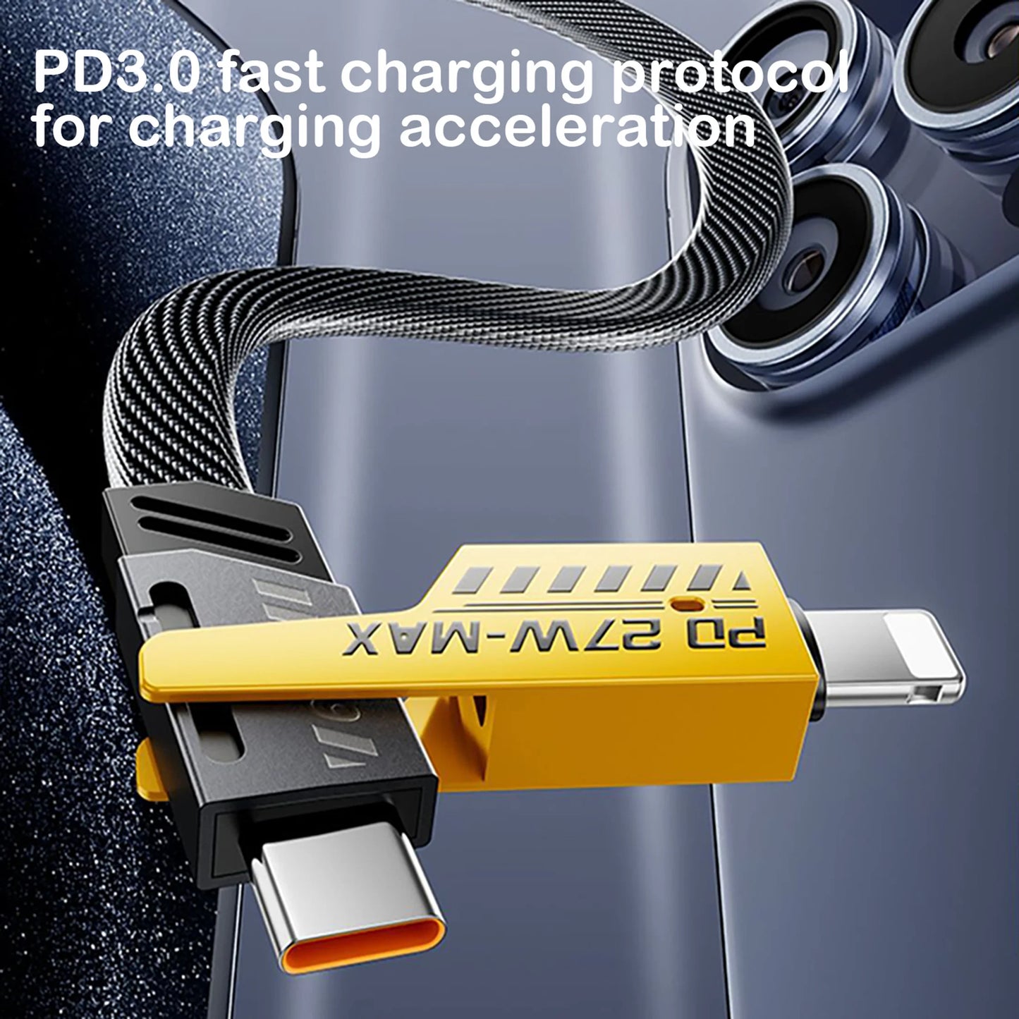 2PCS 65W 4-In-1 Multi Cell Phone Data Cable Fast Charge 27WPD Charge Cord Charging Cable, Black