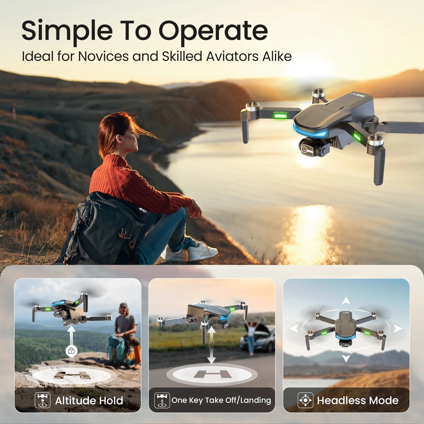 L800 Pro2 GPS Drone with 4K HD Camera for Adults and Beginners, 3-Axis Gimbal, FPV RC Quadcopter with Brushless Motor, 5G WIFI Transmission, 2 Batteries, Black