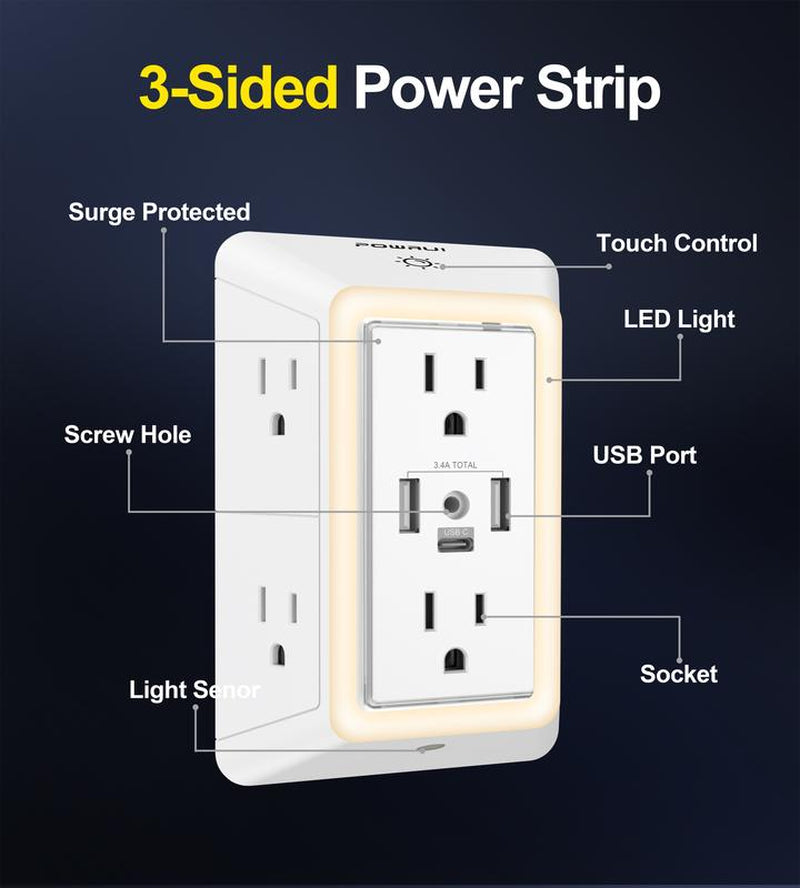 Multi Plug Outlet Surge Protector - POWRUI 6 Outlet Extender with 3 USB Ports (1 USB C) and Night Light, 3-Sided Power Strip with Adapter Spaced Outlets - White, ETL Listed Fathersdaygift Socket