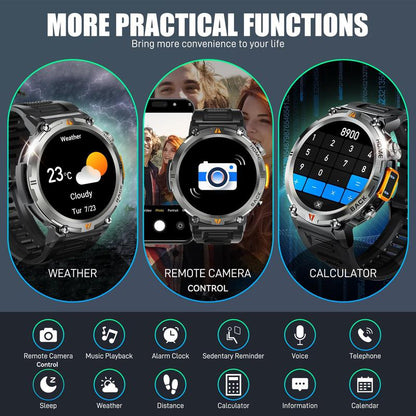 EIGIIS KE3 Smart Watch for Men with LED Flashlight(Answer/Make Call) 3ATM Waterproof Rugged Smartwatch with 110+ Sports Mods 1.45’’ HD Digital Watch for Android Phones