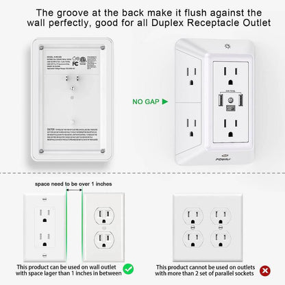 Multi Plug Outlet Surge Protector - POWRUI 6 Outlet Extender with 3 USB Ports (1 USB C) and Night Light, 3-Sided Power Strip with Adapter Spaced Outlets - White, ETL Listed Fathersdaygift Socket