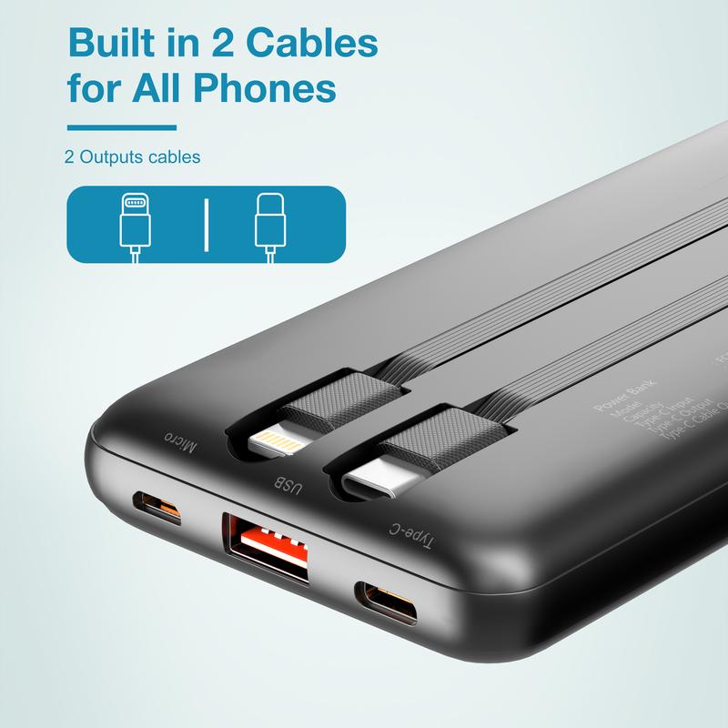 Portable Charger with Built-In Cables,Portable Charger with Cords Wires Slim 10000Mah Travel Battery Pack 4 Outputs 2 Inputs 22.5W Fast Charging Power Bank for Samsung Google Pixel LG Moto Iphone Ipad