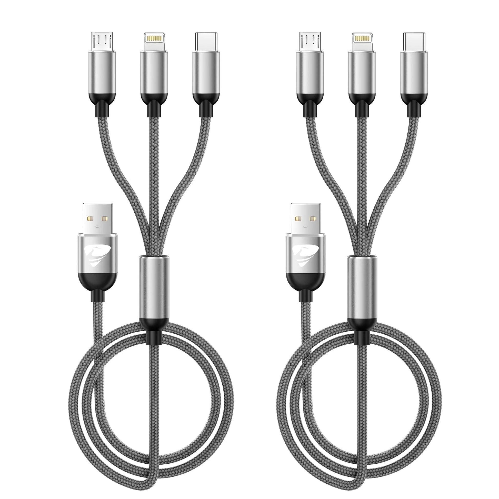 2 Pack Multi Charging Cable, 3 in 1 Phone Charger Cord Fast Charging with Micro USB, USB C Cables Compatible with Iphone/Ipad/Samsung, Gray