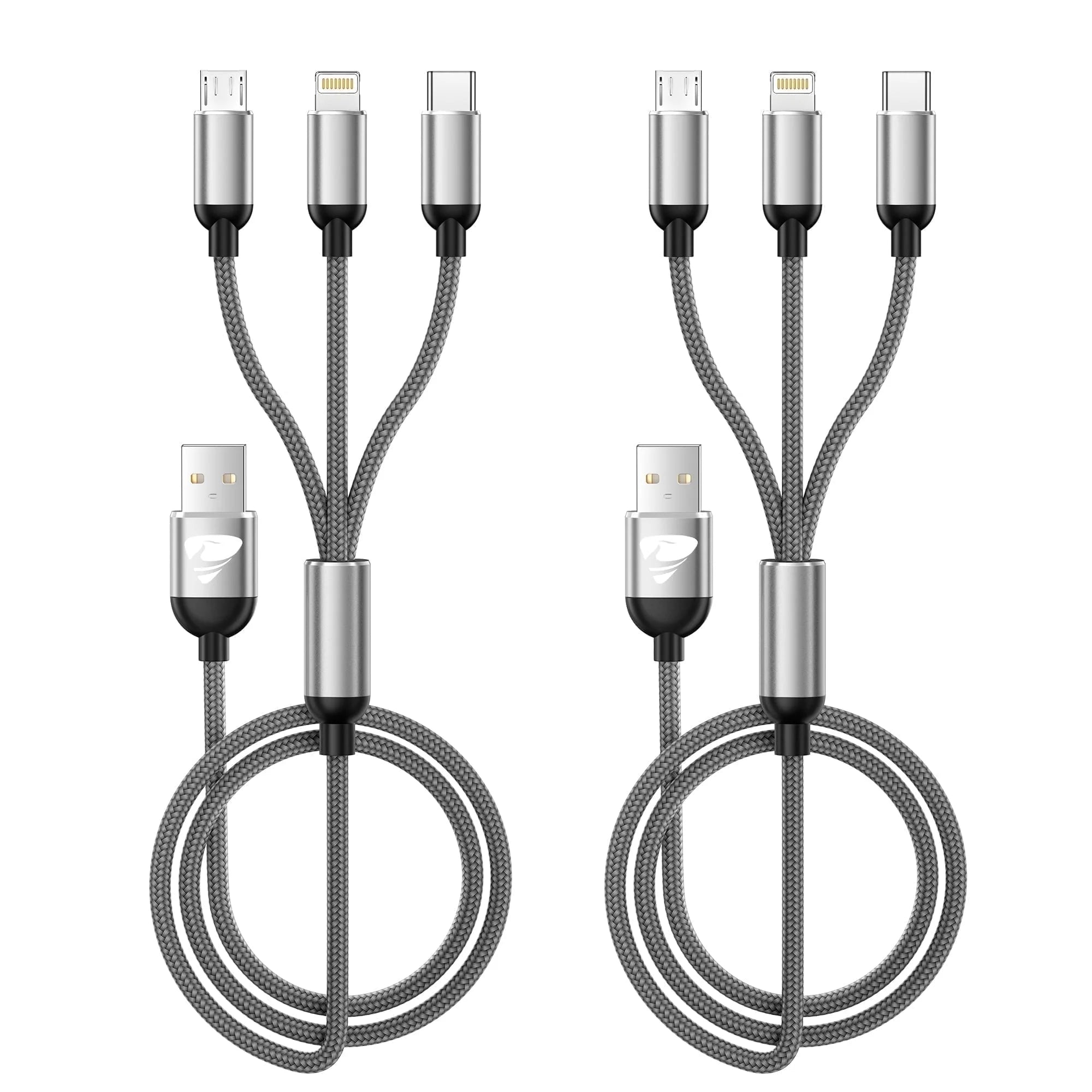 2 Pack Multi Charging Cable, 3 in 1 Phone Charger Cord Fast Charging with Micro USB, USB C Cables Compatible with Iphone/Ipad/Samsung, Gray