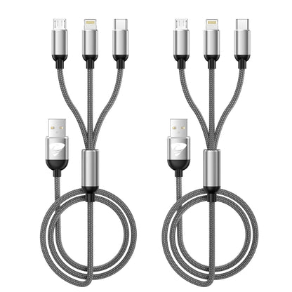 2 Pack Multi Charging Cable, 3 in 1 Phone Charger Cord Fast Charging with Micro USB, USB C Cables Compatible with Iphone/Ipad/Samsung, Gray