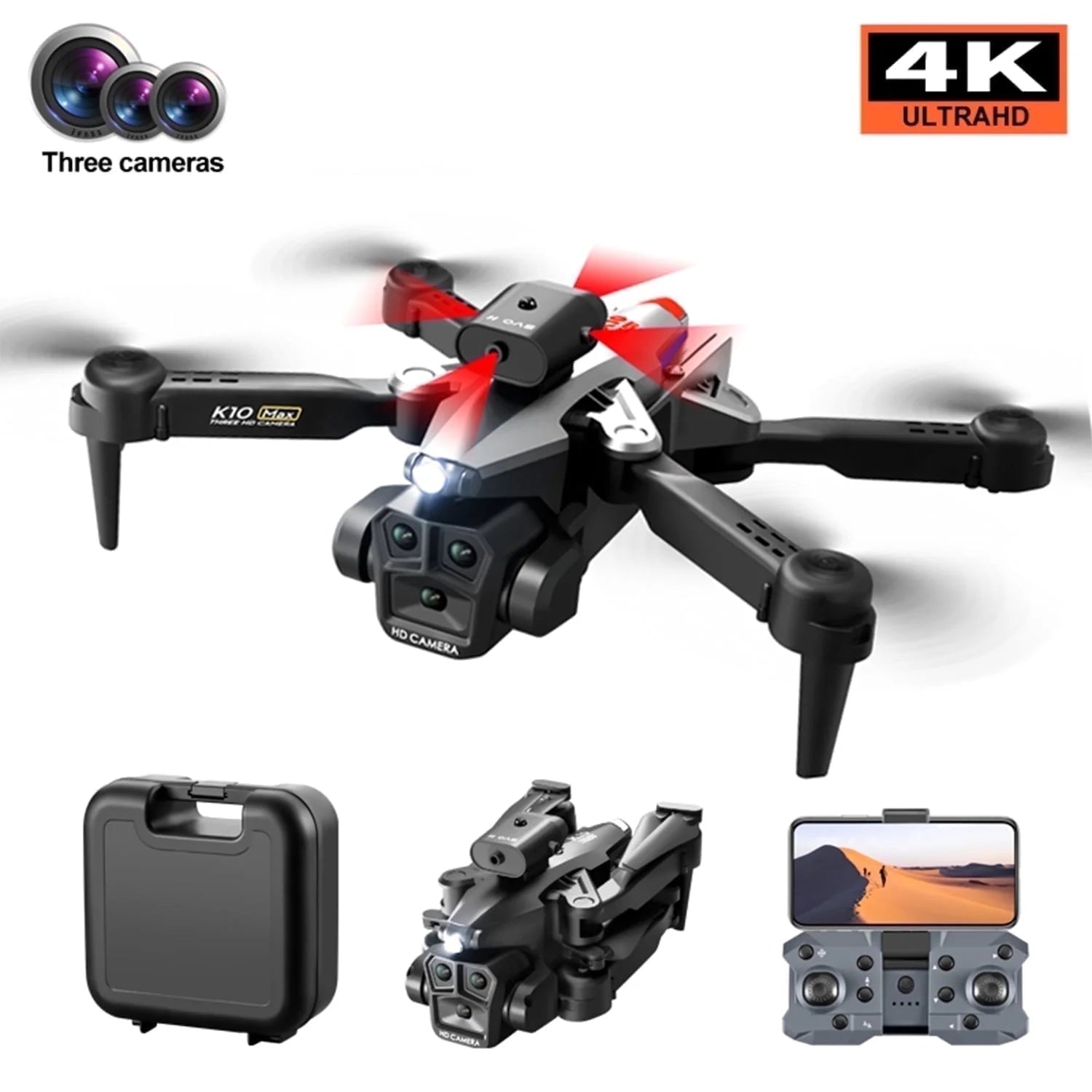 Drone with 3 Camera 1080P for Kids and Adults, RC Quadcopter Foldable FPV Drone for Beginners, 2 Batteries, Carrying Case