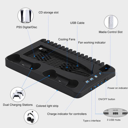 PS5 Multifunctional Cooling Base with Light Headset Hook Game Disc Case Storage Playstation5 Handle Charging Stand