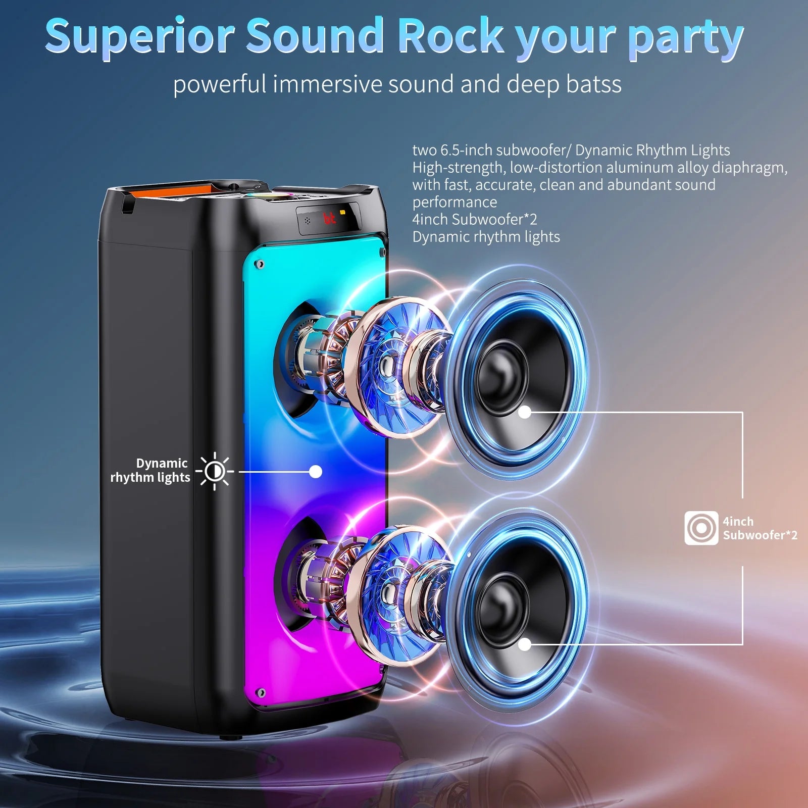 Party Speaker, Bluetooth Speaker with 2 Wireless Microphone & DJ Light, Portable Stereo Wireless Speaker for Outdoor