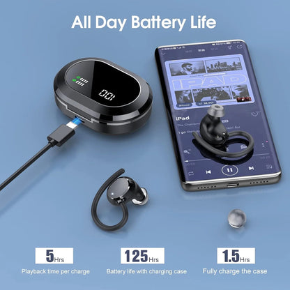 2025 New Ultralight Bluetooth Headphones 125Hrs Wireless Earbuds with Display Charger Case over Ear Bud with Earhooks,Noise Cancelling Mic,Waterproof Deep Bass Headset for Workout,Black