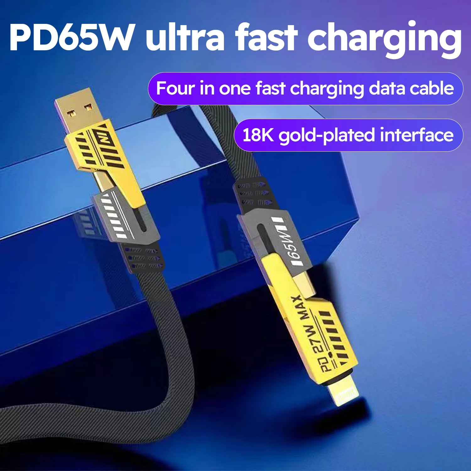 2PCS 65W 4-In-1 Multi Cell Phone Data Cable Fast Charge 27WPD Charge Cord Charging Cable, Black