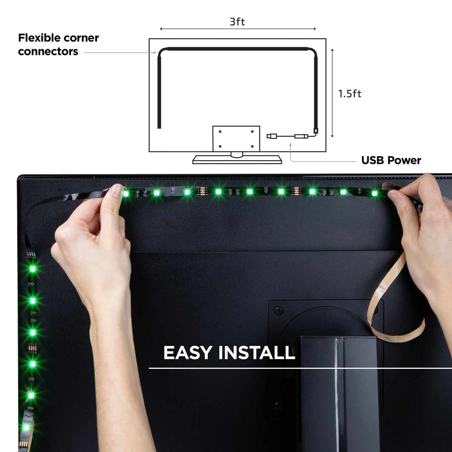Sound Reactive TV Backlight RGB Lighting Dimmable Remote Control Corded Electric
