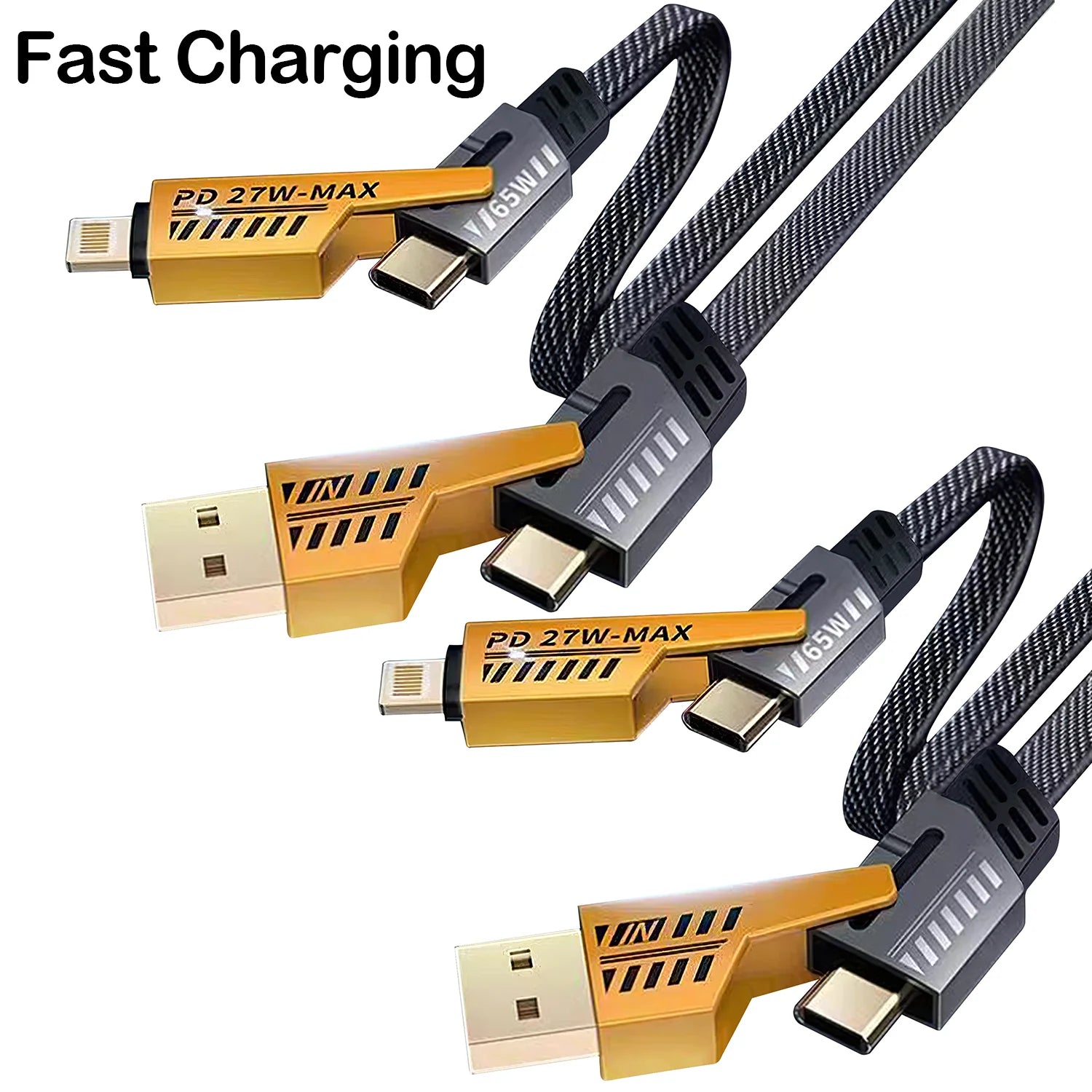 2PCS 65W 4-In-1 Multi Cell Phone Data Cable Fast Charge 27WPD Charge Cord Charging Cable, Black