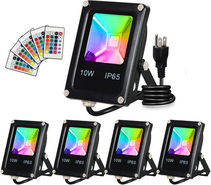 Led Flood Light,10W RGB Color Changing Waterproof Security Lights, with US Plug, Super Bright Remote Control Outdoor Spotlight, for Garden, Yard, Warehouse Sidewalk,Backyard, Garage (5 Pack)