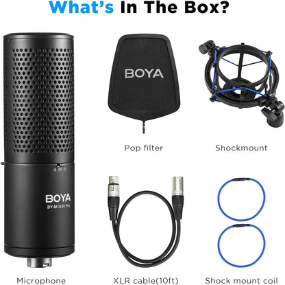 XLR Large Diaphragm Studio Condenser Microphone, 48V Phantom Power Vocal Recording Mic for Singing Podcast, Project Home Audio Youtube Facebook Streaming (BY-M1000 Pro)