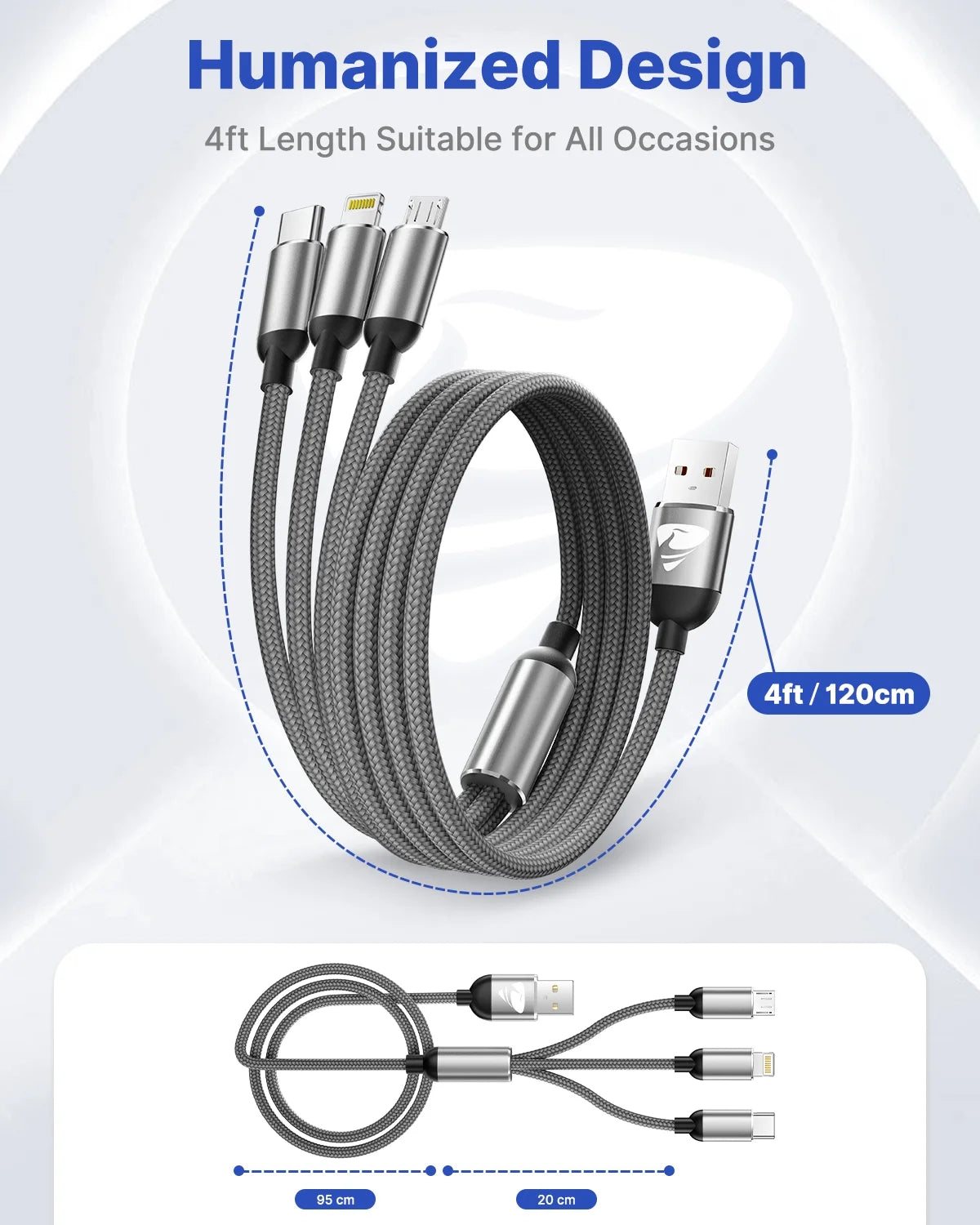 2 Pack Multi Charging Cable, 3 in 1 Phone Charger Cord Fast Charging with Micro USB, USB C Cables Compatible with Iphone/Ipad/Samsung, Gray
