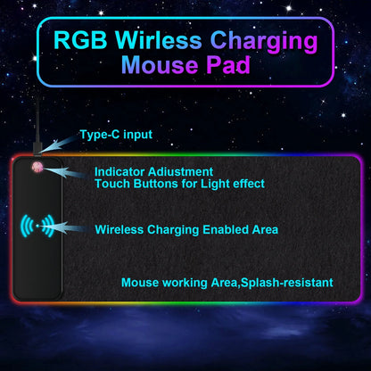 RGB 15W Large Keyboard Pad Wireless Charger Gaming Mouse Pad, Desk Mat with 10 Light Modes, Keyboard Pad with Non-Slip Rubber Base, Waterproof Desk Pad for Home Office Decor