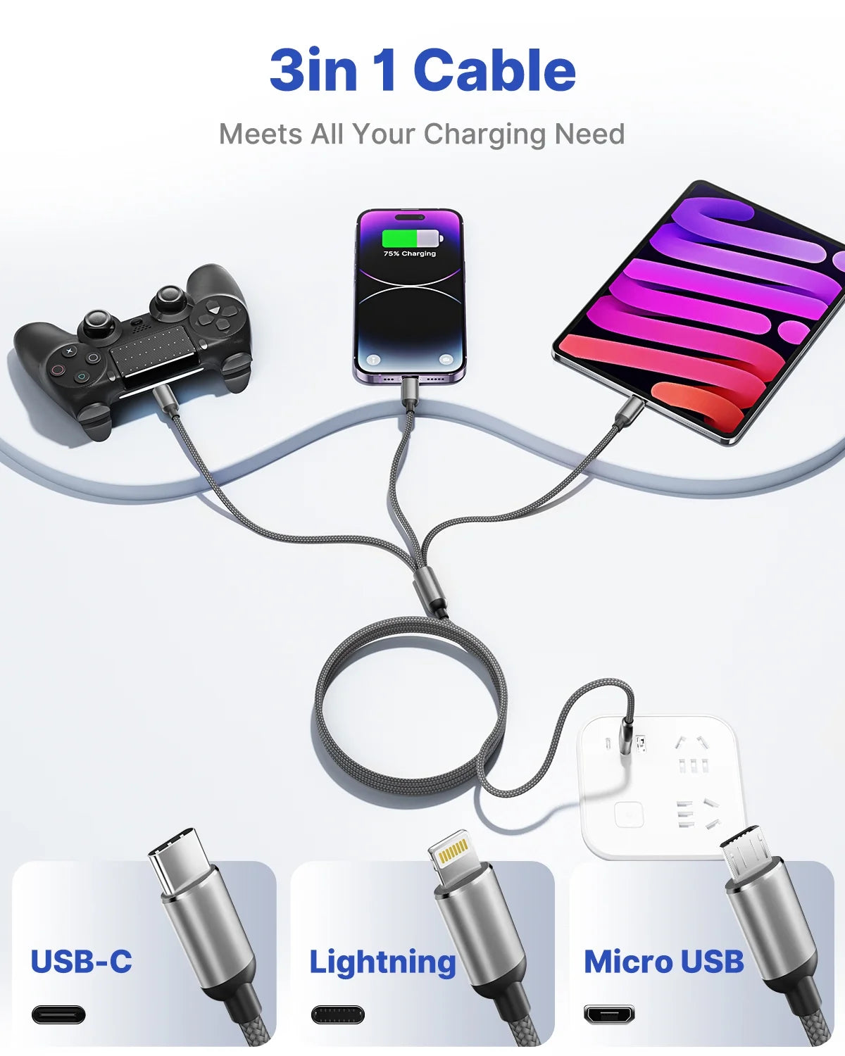 2 Pack Multi Charging Cable, 3 in 1 Phone Charger Cord Fast Charging with Micro USB, USB C Cables Compatible with Iphone/Ipad/Samsung, Gray