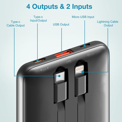 Portable Charger with Built-In Cables,Portable Charger with Cords Wires Slim 10000Mah Travel Battery Pack 4 Outputs 2 Inputs 22.5W Fast Charging Power Bank for Samsung Google Pixel LG Moto Iphone Ipad