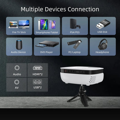 1080P Mini Projector,Keystone Correction,Up to Support 240'' Screen,With Stand