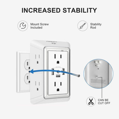 Multi Plug Outlet Surge Protector - POWRUI 6 Outlet Extender with 3 USB Ports (1 USB C) and Night Light, 3-Sided Power Strip with Adapter Spaced Outlets - White, ETL Listed Fathersdaygift Socket