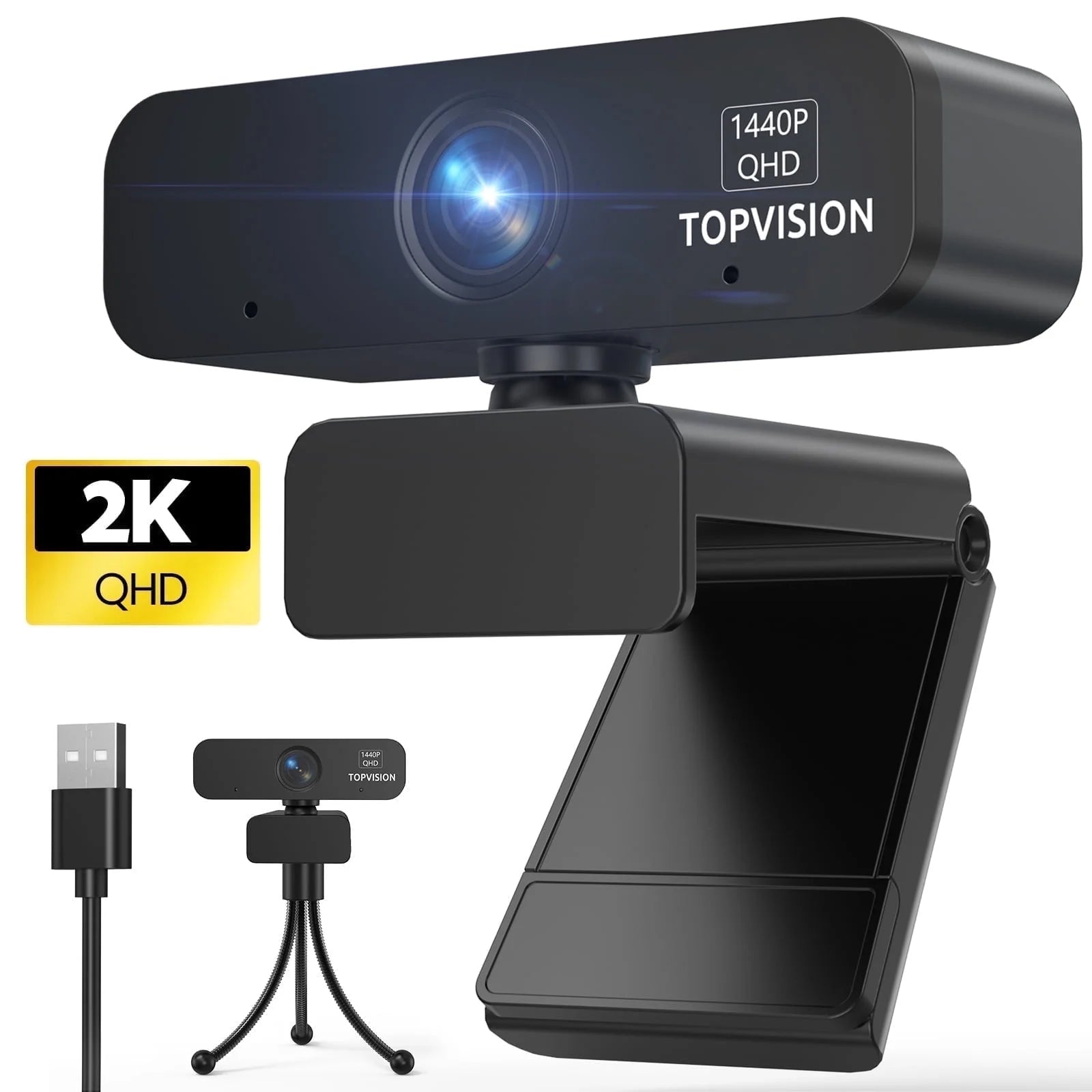 2K Webcams with Tripod (Stand), Black, New